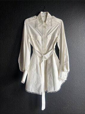 Zimmermann White Belted Wave Eyelet-Trim Shirt Dress